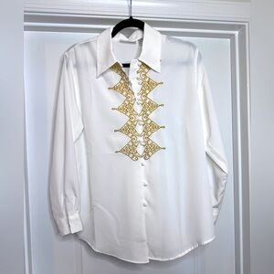 Vintage Ilyssa Maxx Button Up / Button Down White and Gold Blouse
